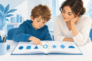Un bambino esplora una sequenza di simboli durante un’attività di lettura.