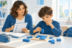 Una docente osserva un bambino durante un compito, con i materiali scolastici accanto.