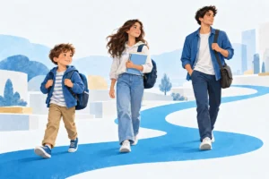 Tre fasi della crescita rappresentate da un bambino, un adolescente e un giovane adulto.