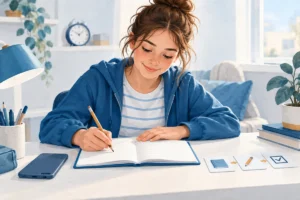 Una ragazza avvia il lavoro con una breve traccia e il materiale pronto sul tavolo.