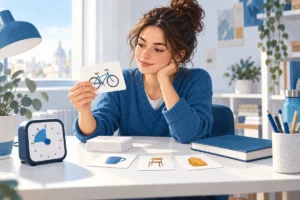 Una studentessa ripassa con carte e libro chiuso in un ambiente di studio ordinato.