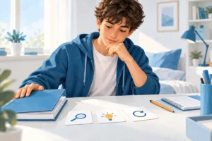 Uno studente chiude il libro e usa carte guida per richiamare ciò che ha studiato.
