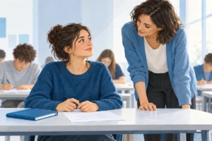 Una studentessa si prende una breve pausa davanti a un compito, con un docente vicino.