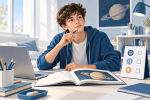 Uno studente usa una traccia di lavoro mentre studia un argomento di astronomia.