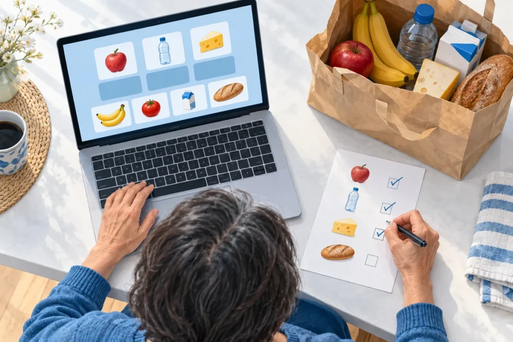 Un’attività al computer affiancata a una lista illustrata e a oggetti della vita quotidiana.