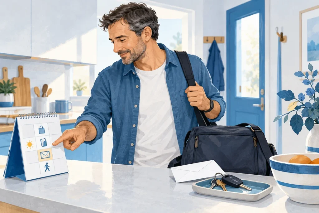 Un uomo prepara un oggetto da portare con sé usando un promemoria nella routine quotidiana.