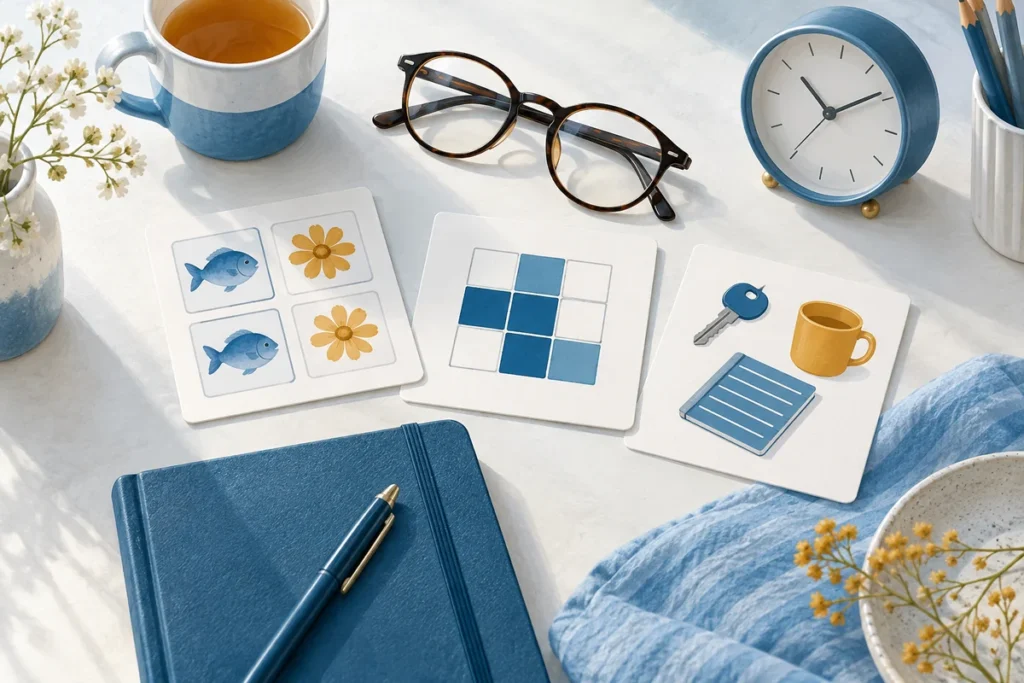 Occhiali, quaderno e materiali per diverse attività cognitive su un tavolo.
