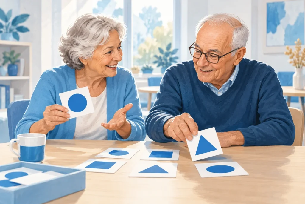 Due persone anziane partecipano insieme a un’attività con carte illustrate.