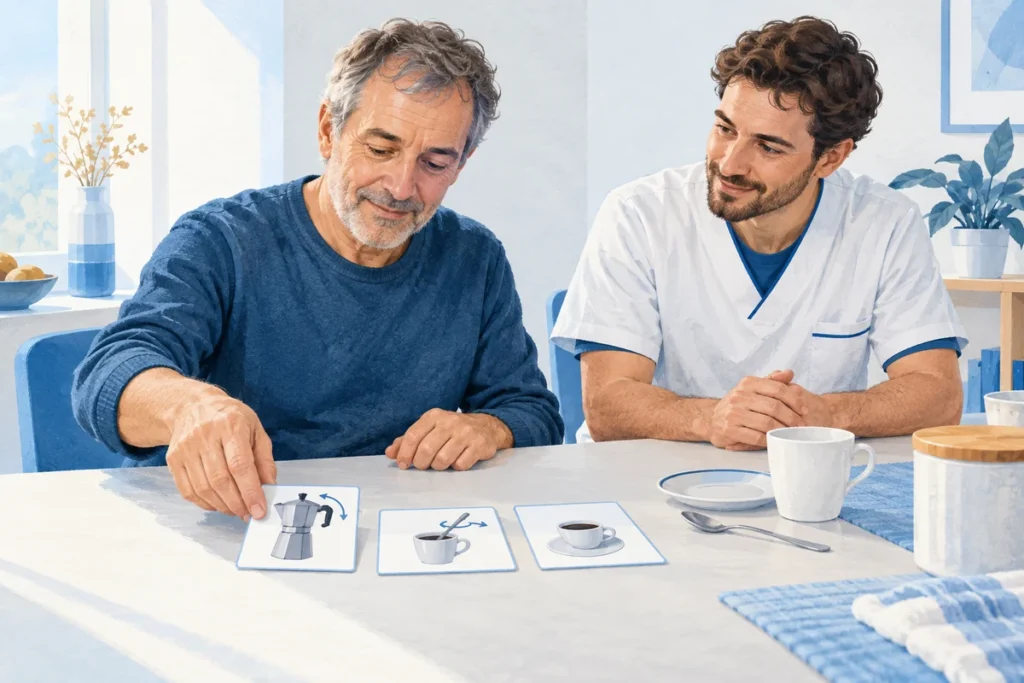 Una persona adulta organizza i passaggi di un’attività quotidiana con un professionista.