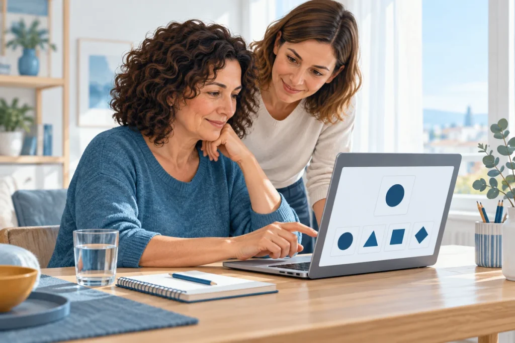 Una donna svolge un’attività cognitiva al computer a casa.