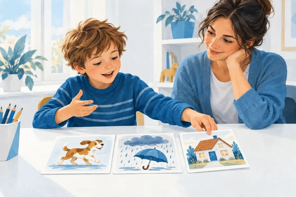 Un bambino organizza immagini in sequenza per raccontare una storia.