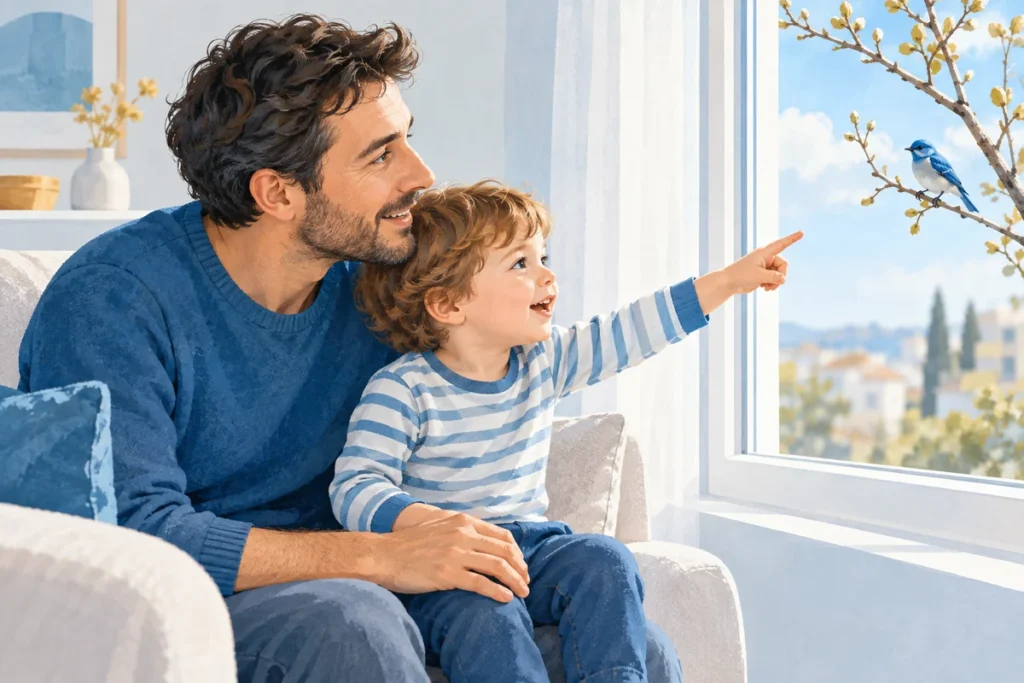Un bambino indica un uccellino e condivide l’attenzione con il padre.