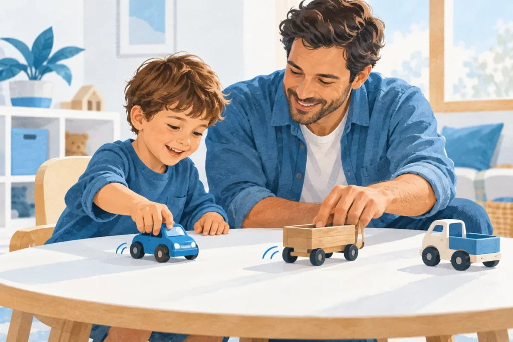 Un bambino e un adulto eseguono la stessa azione con giocattoli diversi.