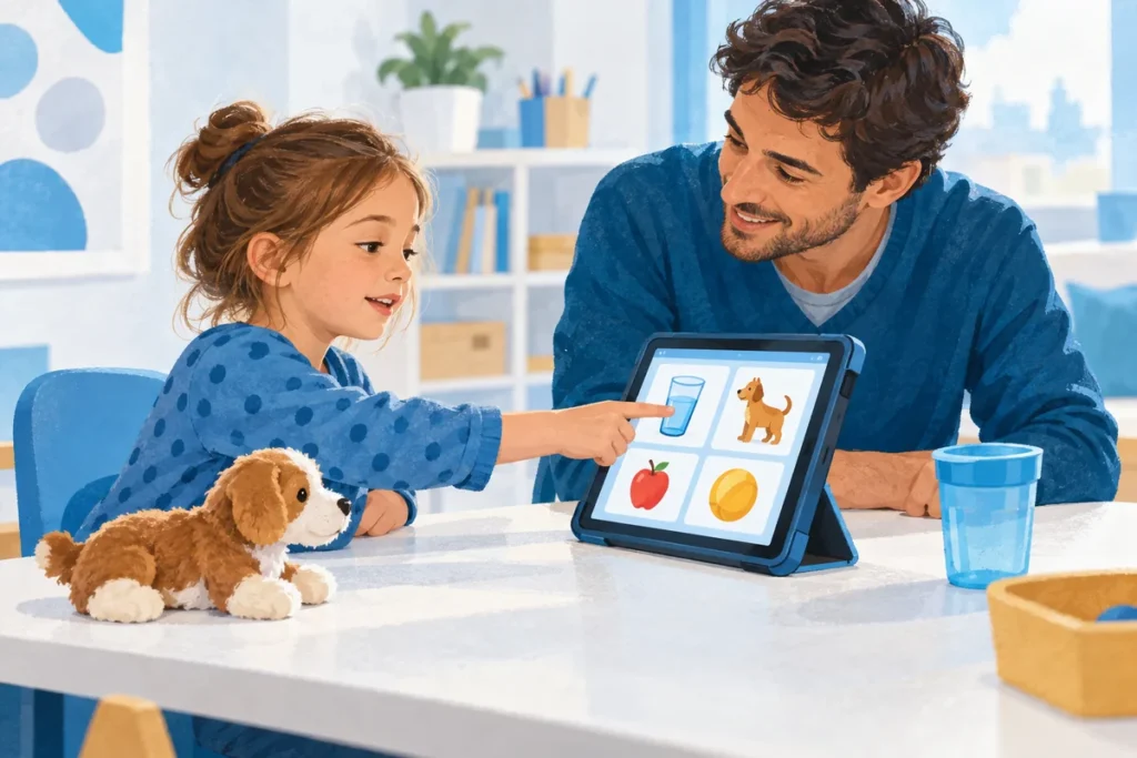 Una bambina comunica con un adulto usando simboli su un tablet.