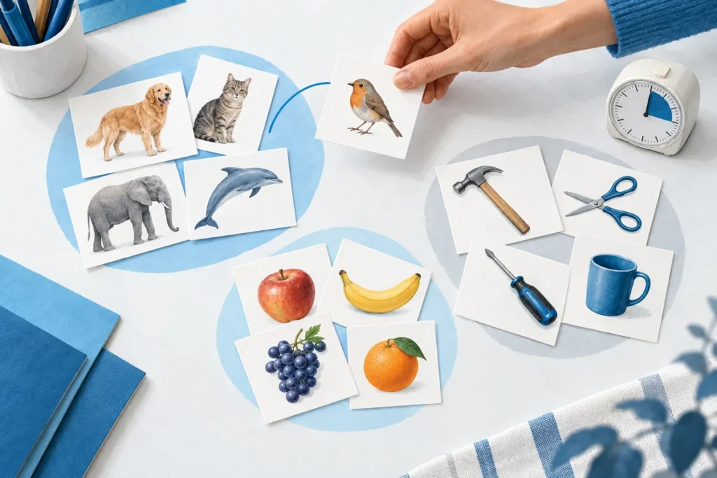 Carte illustrate di animali, frutta e oggetti organizzate per categorie semantiche.