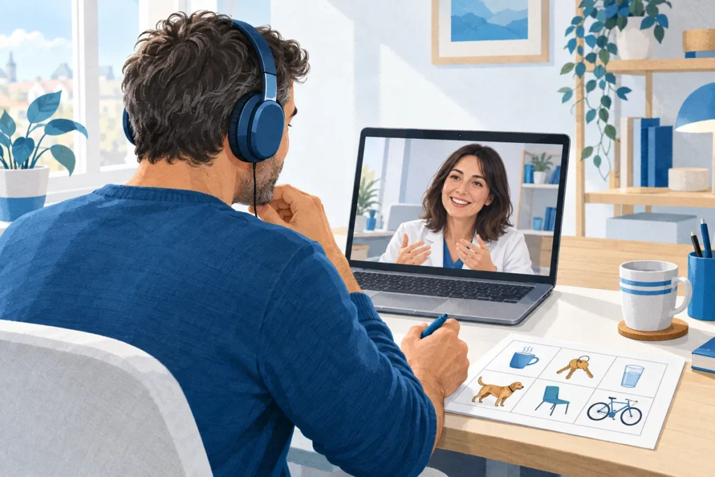 Un adulto segue un incontro di teleriabilitazione al computer, con una traccia di lavoro sul tavolo.
